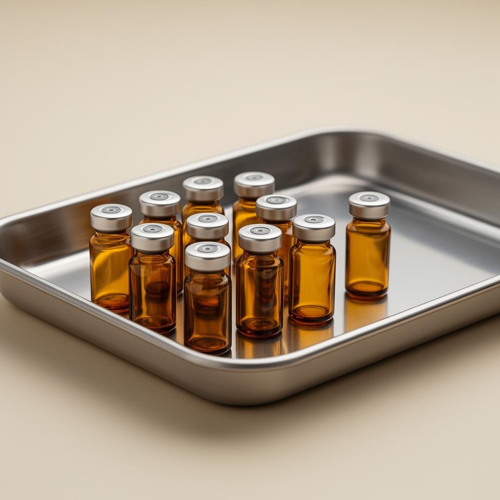 Processor amber vials on stainless tray — representative product image